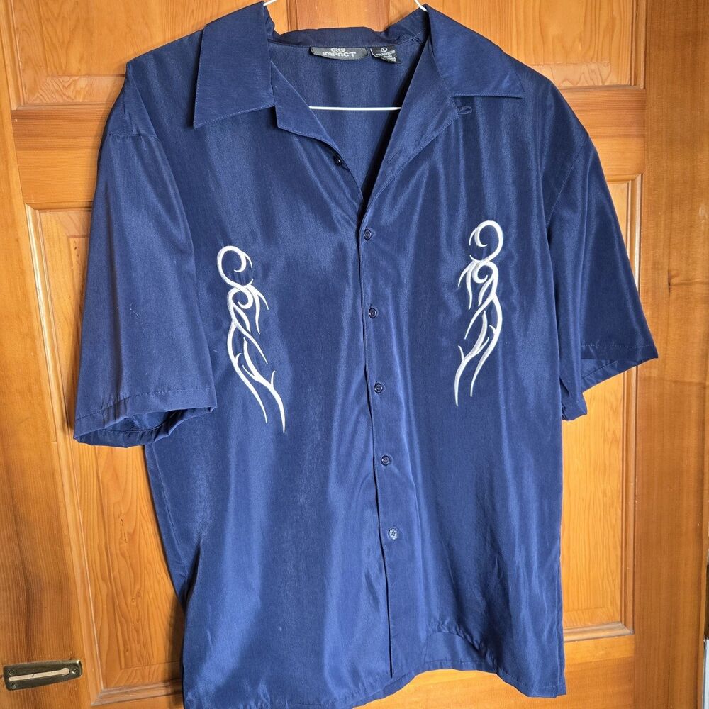 Vintage City Impact Men's Blue Tribal Short Sleeve Button Up Shirt Size L Y2K